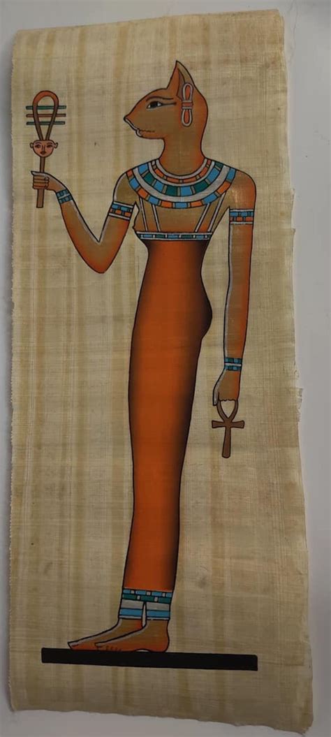 Vintage Hand Painted Papyrus Egyptian Goddess Bastet 16 X 7 Made In