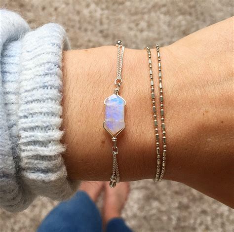 Rainbow Moonstone Bracelet Silver Beaded Bracelet Silver Etsy