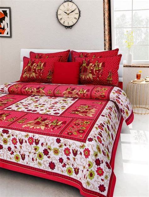 Sanganeri Print Cotton Double Bedsheet With 2 Pillow Covers G4Girl