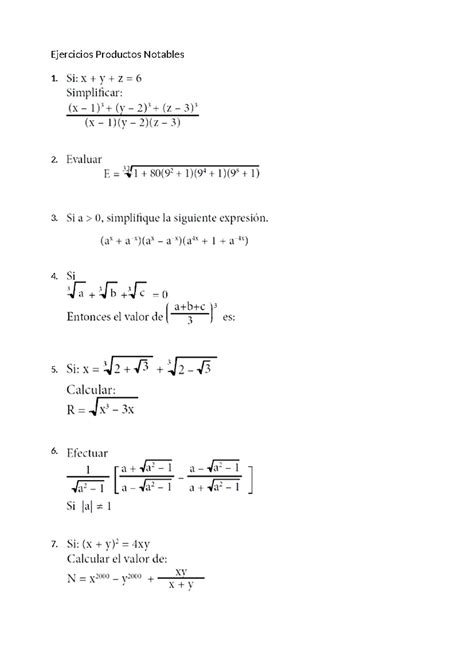 Ejercicios Productos Notables Matem Tica B Sica