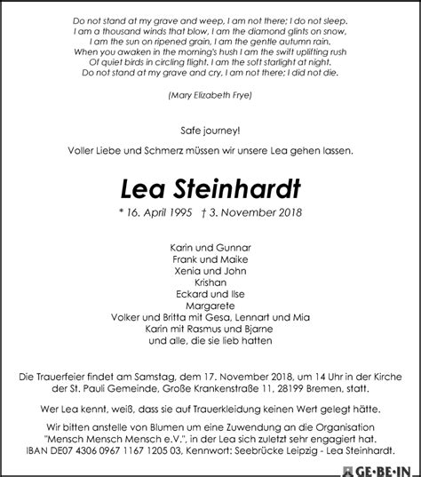 Traueranzeigen Von Lea Steinhardt Trauer Gedenken