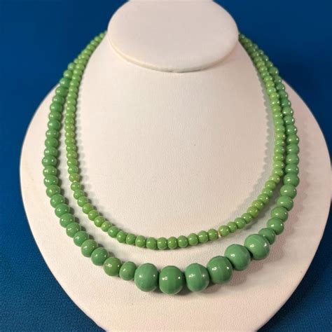 Continuous Strand Vintage Green Glass Bead Necklace