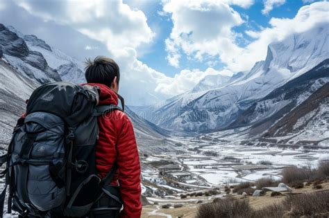 Hiker With A Backpack Gazing At A Snowladen Valley Stock Image Image