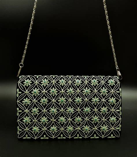 Embroidered Green And Black Velvet Evening Bag Clutch Floral Clutch