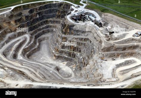 aerial view of the inside a stone quarry, Yorkshire, UK Stock Photo ...