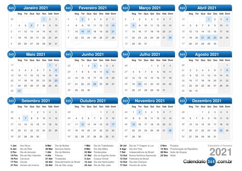 Calendario 2021 Para Imprimir Con Feriados