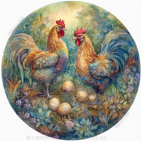 Premium AI Image Painting Of Two Roosters With Eggs In A Field Of