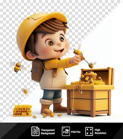 Premium PSD 3d Beekeeper Cartoon Collecting Honey From Beehives With