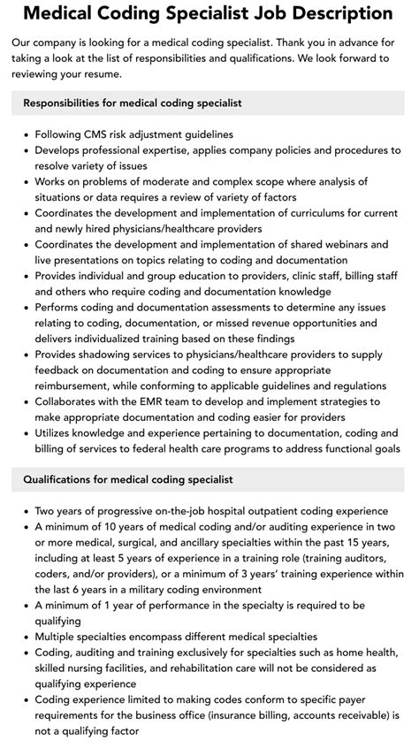 Medical Coding Specialist Job Description Velvet Jobs