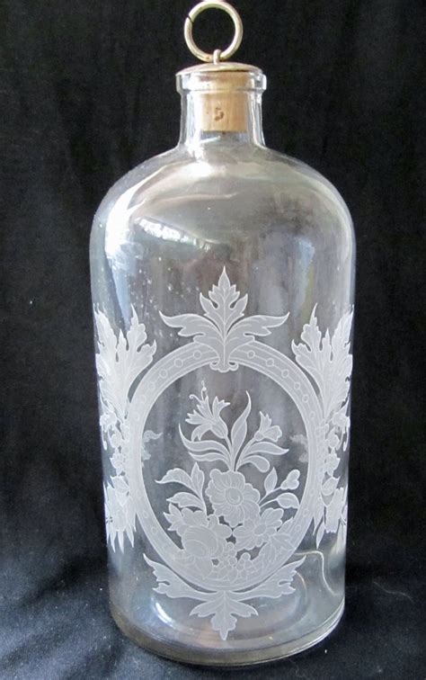 Vintage Etched Clear Glass Bottle With Stopper Floral Leaf Design 8 38 Inches