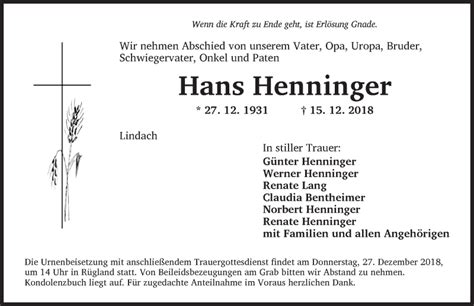 Traueranzeigen Von Hans Henninger Trauer Flz De