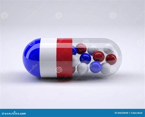 Pill With French Flag Wrapped Around It And Red Ball Inside Stock