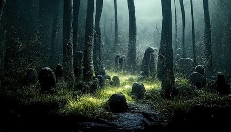 Bosque oscuro en la noche con troncos de árboles oscuros hierba y