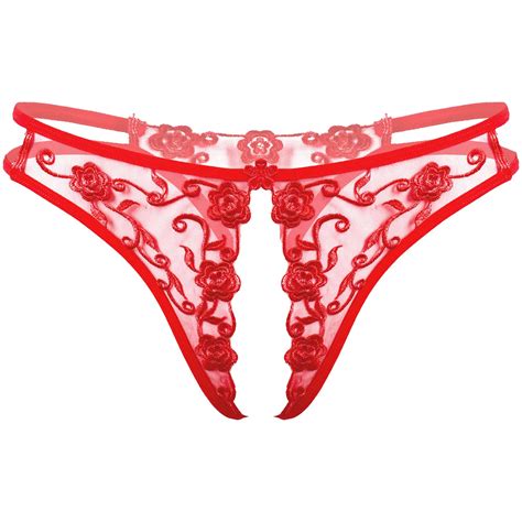 Womens Sexy Embroidery Crotchless Sissy Lingerie Panties Exotic Underwear Underpants Low Waist