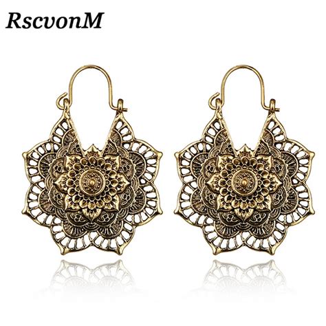 Rscvonm Indian Tribal Brass Earring Dangle Drop Earring Flower Lotus