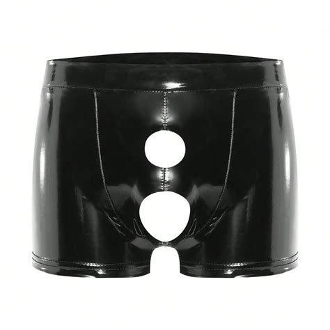 Syhzlz Men Sexy Below Open Crotch Boxer Shiny Leather Lingerie Underpants Elastic Waist Male