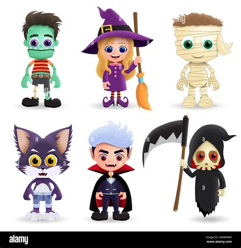 Halloween characters vector set. Halloween character creature of zombie, witch, mummy, wolf ...