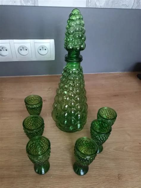 ANCIENNE CARAFE BOUTEILLE En Verre D Empoli Verte Bulles Et Verres EUR