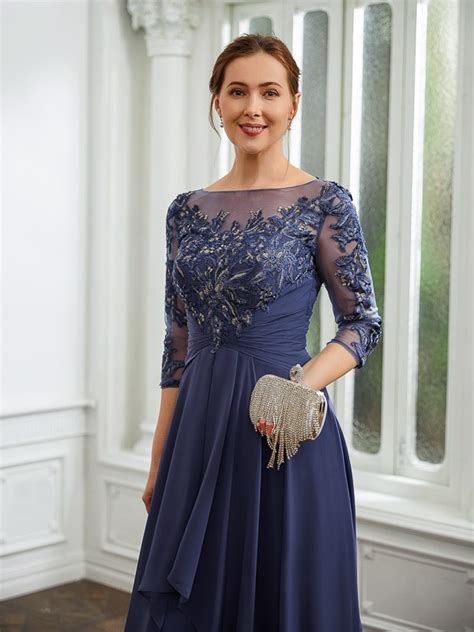 A Line Princess Chiffon Applique Bateau Sleeves Floor Length Mother