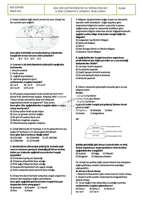 9 Sınıf Coğrafya 2 Dönem 2 Yazılı Test SOSYALCİNİZ NET Sosyal