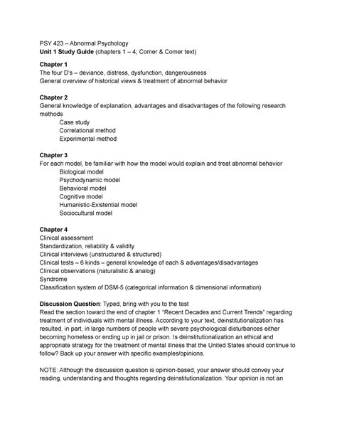 Abnormal Psychology - Class notes - PSY 423 – Abnormal Psychology Unit ...