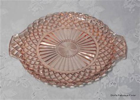 Round Pink Depression Glass Diamond Cut Handled Serving Tray Platter