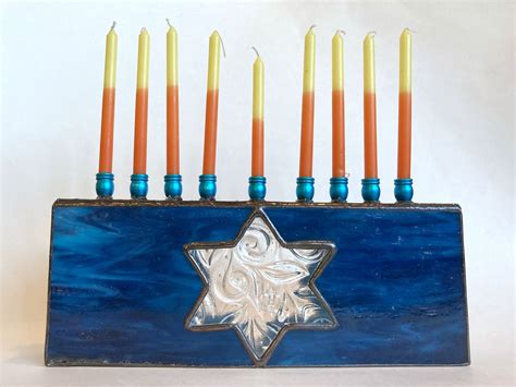 Star Of David Menorah Stained Glass Menorah Blue Judaica Etsy