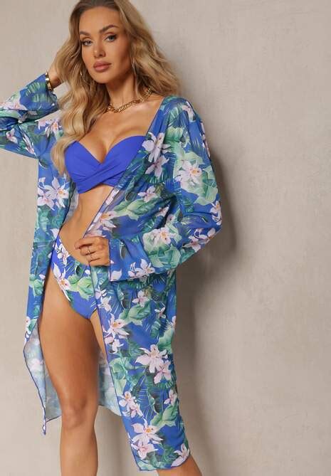 Granatowe 2 Częściwe Bikini z Motywem Kwiatowym Biustonosz Majtki Figi Dodatkowo Narzutka