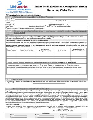 Fillable Online Health Reimbursement Arrangement HRA Recurring Claim