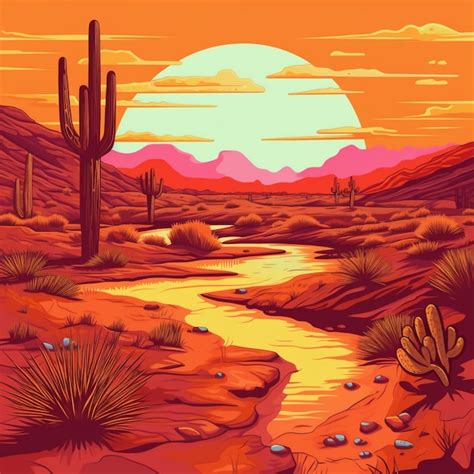 Una Escena Del Desierto De Dibujos Animados Con Un R O Y Rboles De