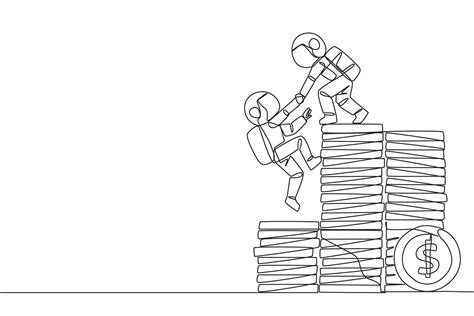 Continuous One Line Drawing Astronaut Helps Colleague Climb A Pile Of