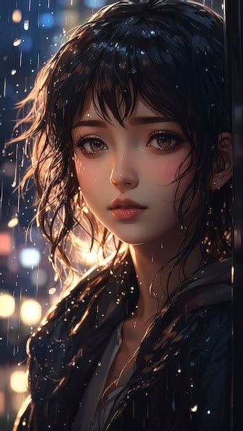 Premium AI Image Wet Night Portrait Detailed Brunette In City Lights