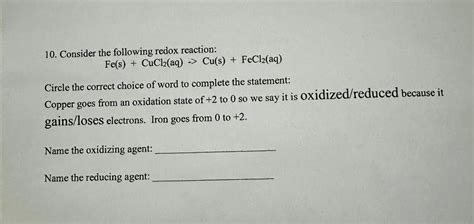 Solved 10. Consider the following redox reaction: | Chegg.com