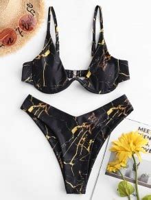 OFF ZAFUL Marble Print Underwire High Cut Bikini Swimsuit In BLACK ZAFUL