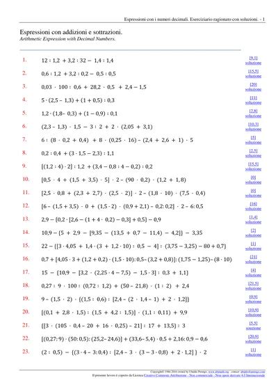 Espressioni Con Addizioni E Sottrazioni Arithmetic Expression With