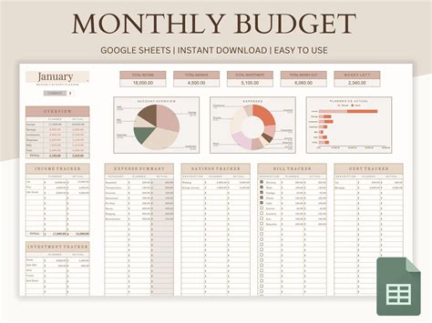 Monthly Budget Spreadsheet, Google Sheets Budget Template Planner, Digital Expense Tracker ...