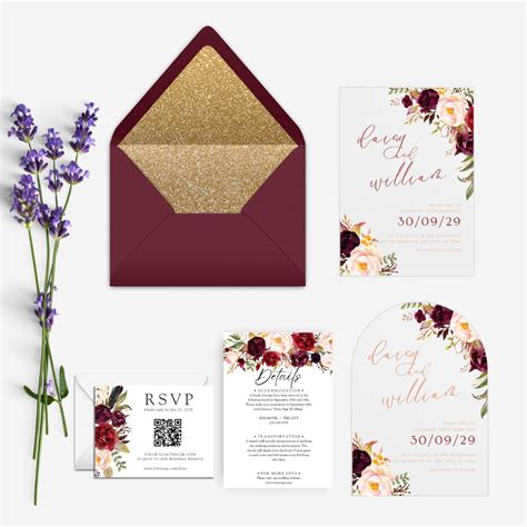 Burgundy And Peach Floral Lucite Wedding Invitation Daisy Sage