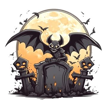 Halloween Bat Cartoon And Grave In Front Of Moon Design Halloween