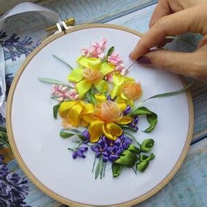 Silk Ribbon Embroidery Kit Flower Hand Embroidery Hoop Spring Daffodils