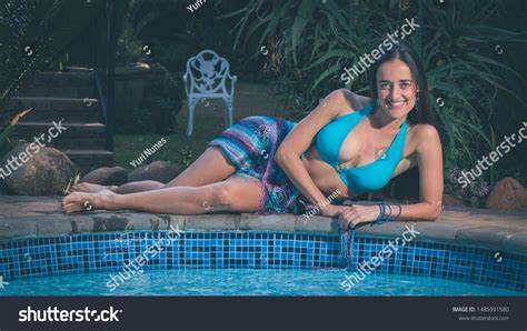 Beautiful Woman Bikini Lying By Pool Stock Photo Shutterstock