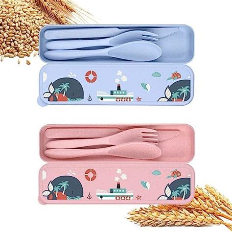 2 Sets Travel Utensils With Case Portable Wheat Straw Utensils Camping Utensils