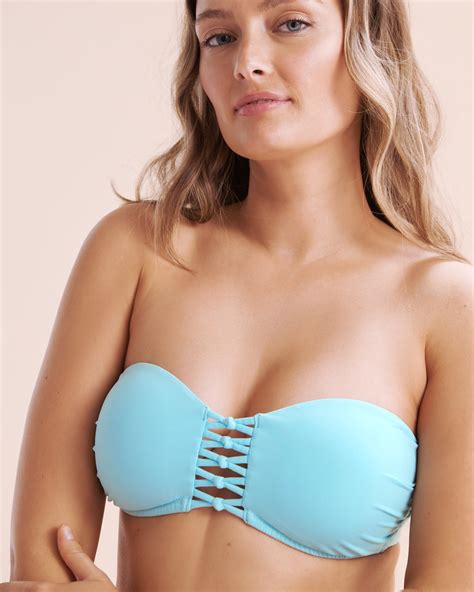 Turquoise Couture Mykonos Palm Bandeau Bikini Top Teal Blue Bikini Village