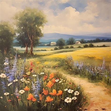 Premium Ai Image Wildflower Field Landscape Oil Painting