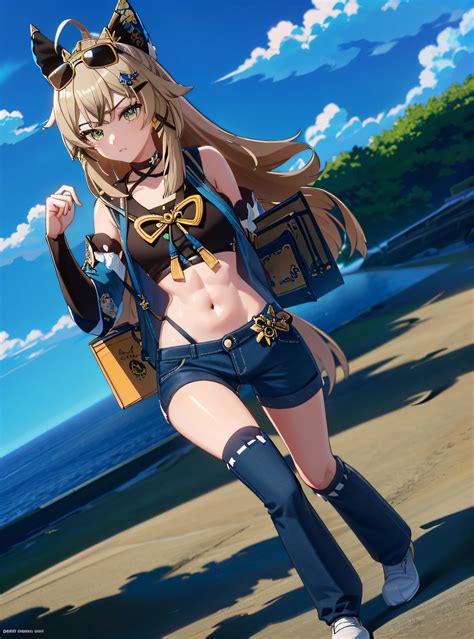 A Woman In A Bikini Top And Shorts Holding A Bag SeaArt AI