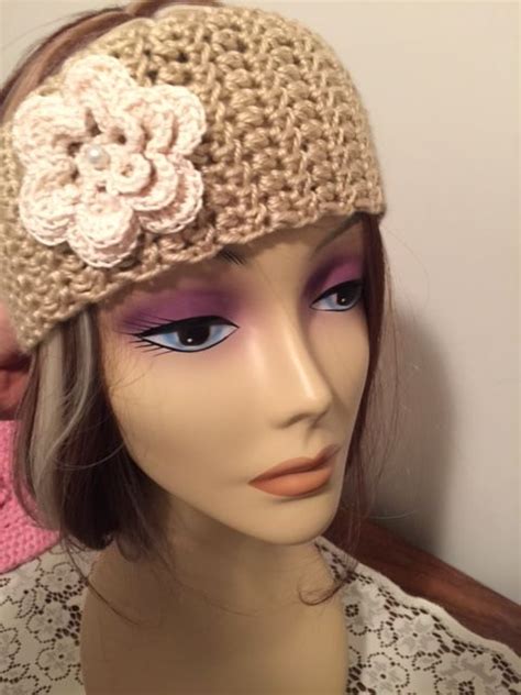 Crocheted Headband Wrap With Flower And Button