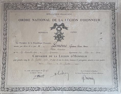 Gustave Lemoine Son diplôme de chevalier de la Légion Catawiki