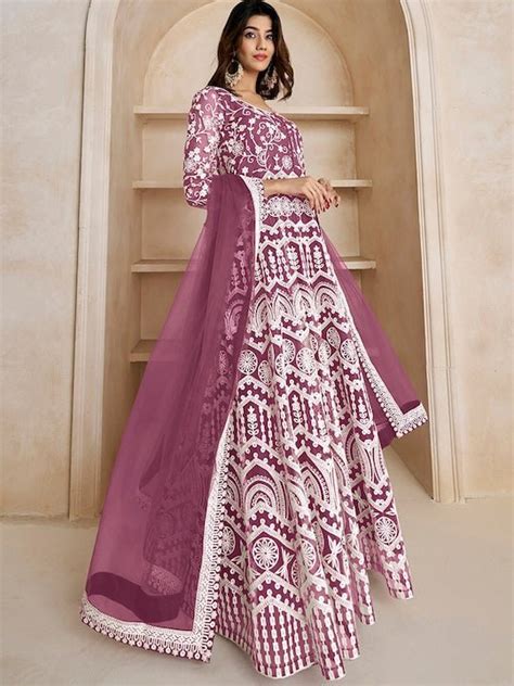 Floral Embroidered Fit And Flare Maxi Ethnic Dresses With Dupatta