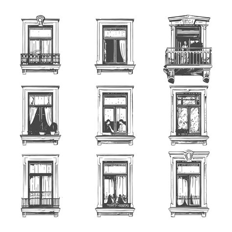 Handdrawn sketches of nine unique Europeanstyle windows with balconies
