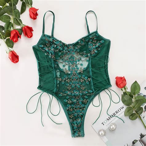 Snapklik Women Sexy Lace Up Floral Embroidered Teddy Babydoll Lingerie Bodysuit Top Mesh
