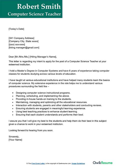 Computer Science Teacher Cover Letter Examples Qwikresume